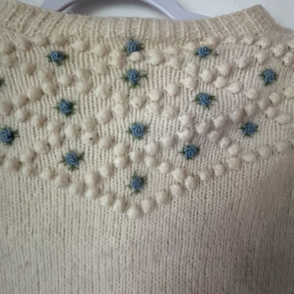 Vintage 40s 50s Wool Popcorn Knit Cardigan Sweater Cropped S Blue Floral Buttons - Picture 15 of 16